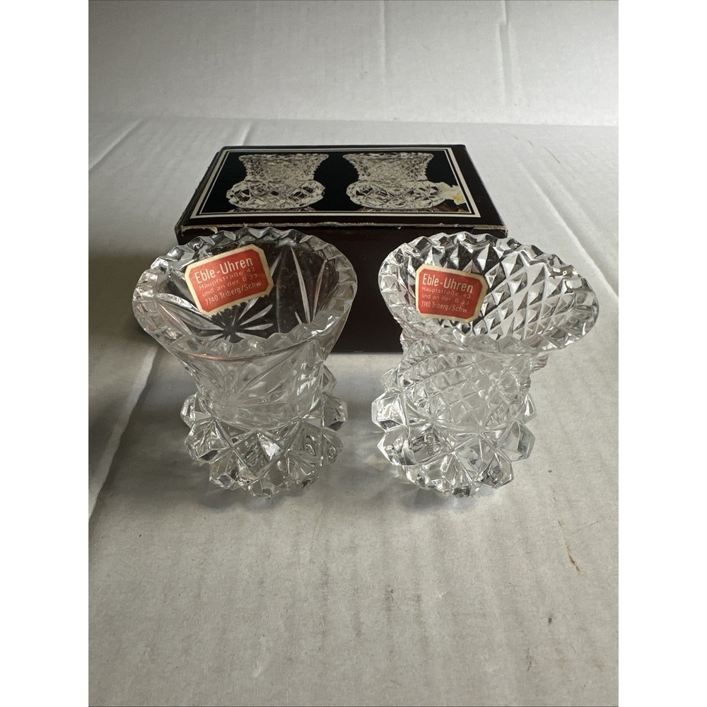 Hofbauer Set of 2 Small Etched Vases West German 24% Lead Crystal